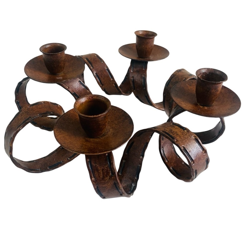 Rustic Western Brown Metal Four Tapered Candle Holder 10” x 3.5”